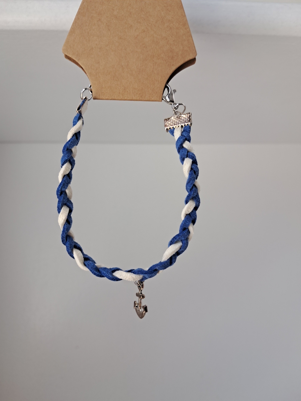 Handmade Nautical Braided Faux Suede Blue & White Anchor Bracelet